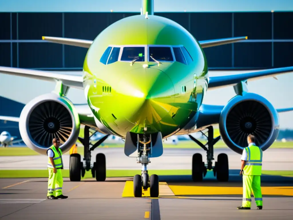 Avión ecológico reabastecido con biocombustible en aeropuerto con normativas ICAO aviación sostenible