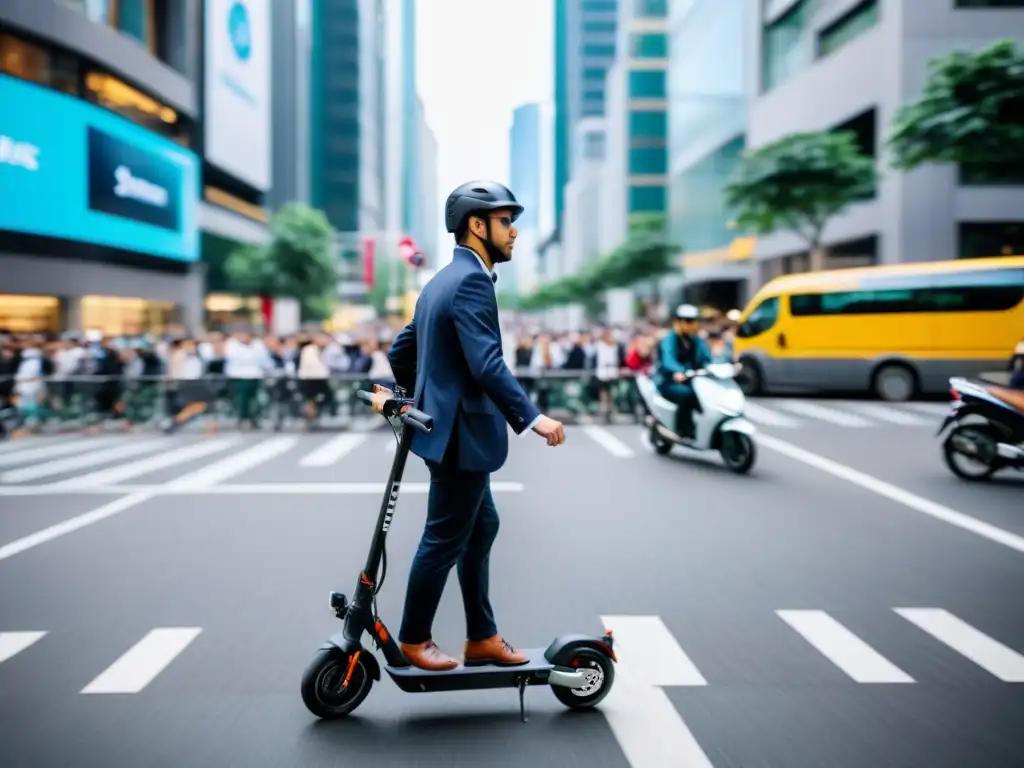 Un ejecutivo en patinete eléctrico se desplaza con facilidad entre peatones y ciclistas en una bulliciosa calle urbana