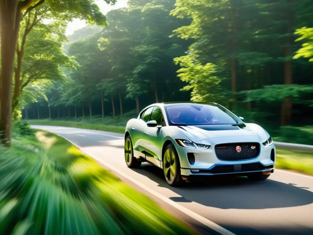 El Jaguar IPACE eléctrico avanza por un sinuoso camino entre un exuberante bosque, fusionando naturaleza y tecnología de vanguardia