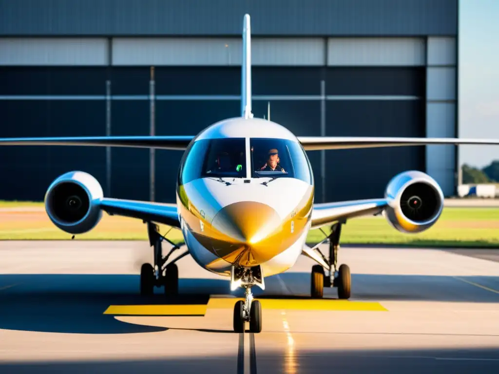 Avión híbrido eléctrico sostenible en pista, con tecnología avanzada y equipo de ingenieros realizando mantenimiento