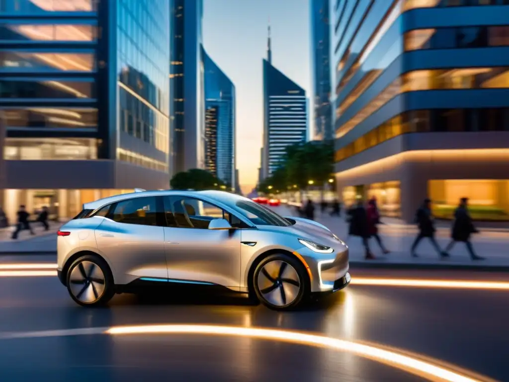 Un elegante auto eléctrico plateado recorre una ciudad futurista, rodeado de rascacielos de cristal iluminados por la suave luz de las farolas