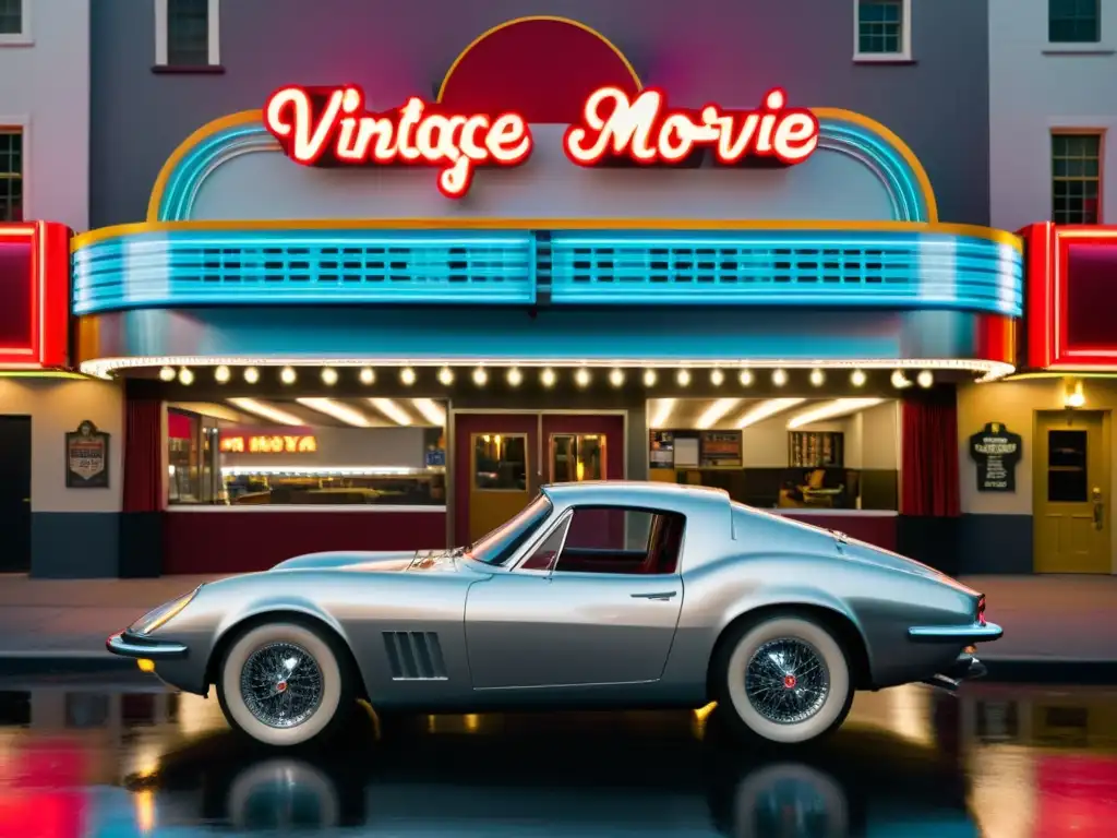 Un elegante auto plateado estacionado frente a un cine vintage, con luces de neón reflejadas