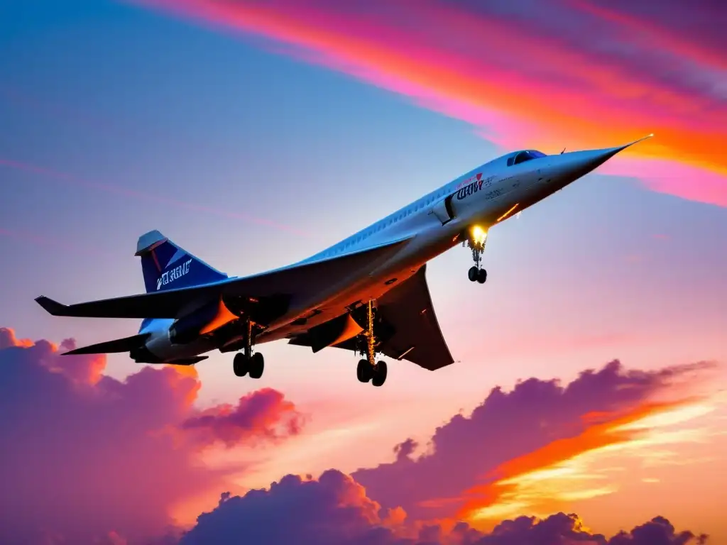 Un elegante avión supersónico Concorde surca un cielo brillante al atardecer, dejando una estela de tonos naranjas y rosados vibrantes