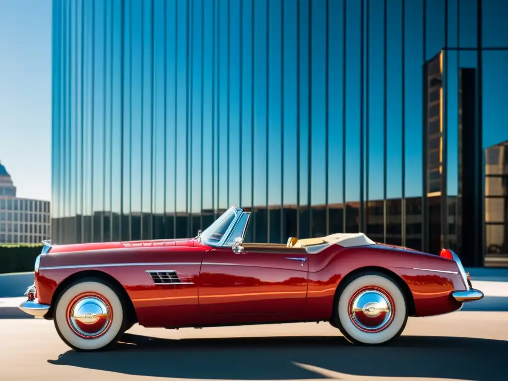 Un elegante coche clásico rojo frente a un moderno rascacielos, reflejando la influencia del transporte clásico en la estética moderna