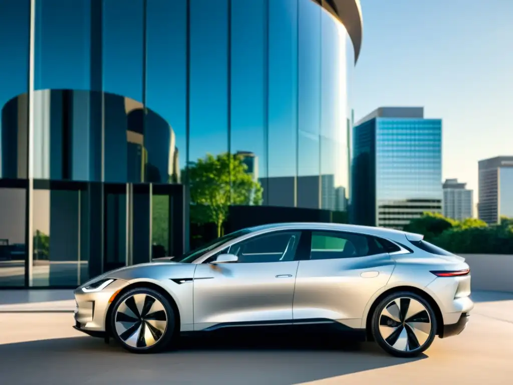 Elegante coche eléctrico plateado frente a un edificio moderno de cristal, reflejando la evolución estética vehículos eléctricos lujo en la ciudad