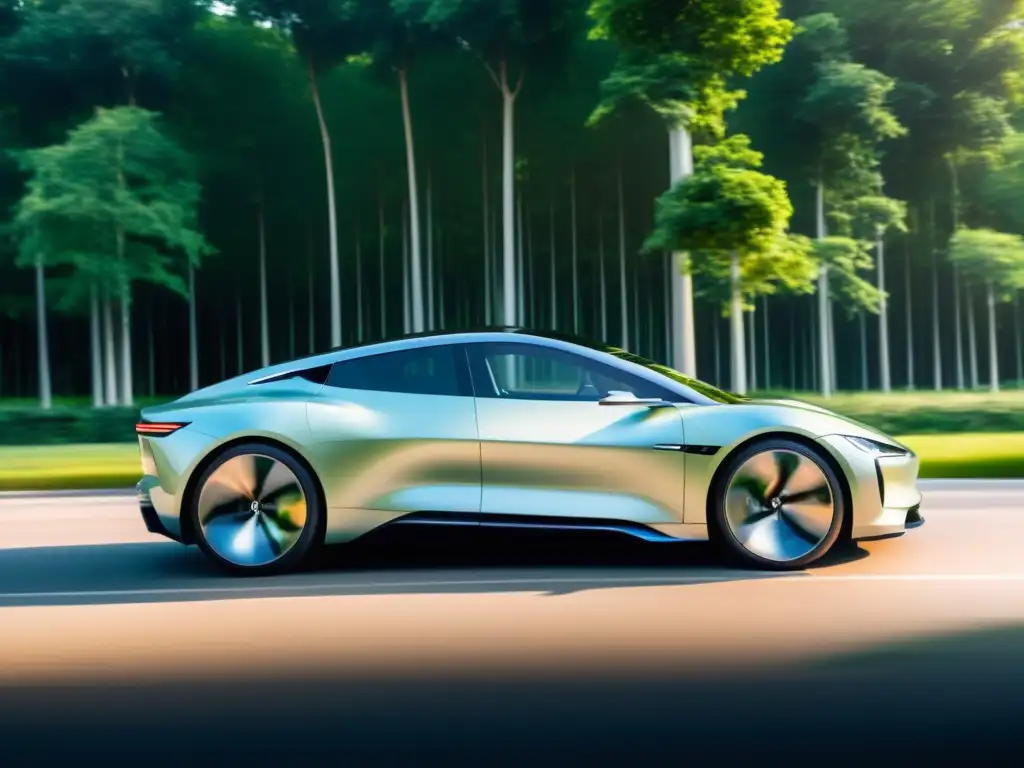 Un elegante coche eléctrico de diseño premium lujo sostenible, deslizándose por una carretera arbolada con una atmósfera de lujo y sostenibilidad