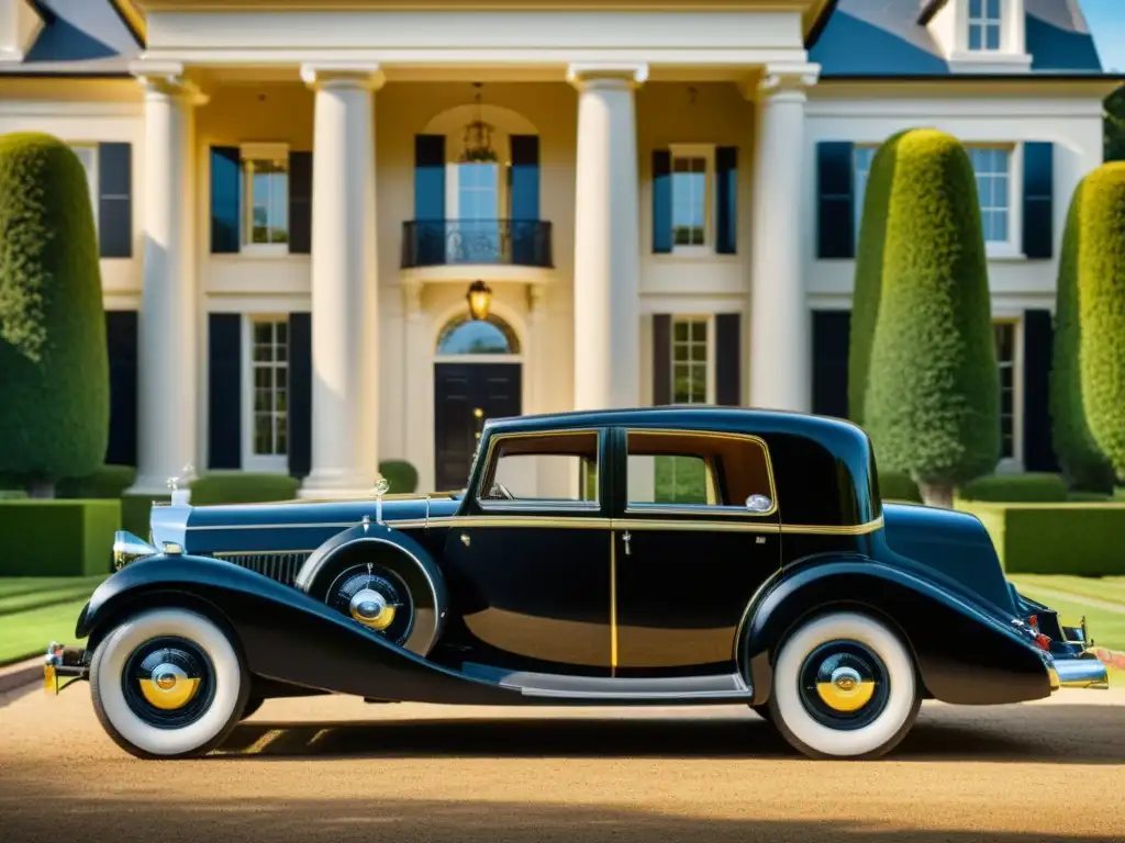 Un elegante coche vintage negro y dorado frente a una opulenta mansión, evocando la evolución de los medios de transporte de lujo en el siglo XX