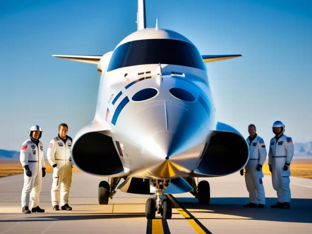 Un elegante y futurista transbordador espacial suborbital en la plataforma de lanzamiento, listo para su primer vuelo