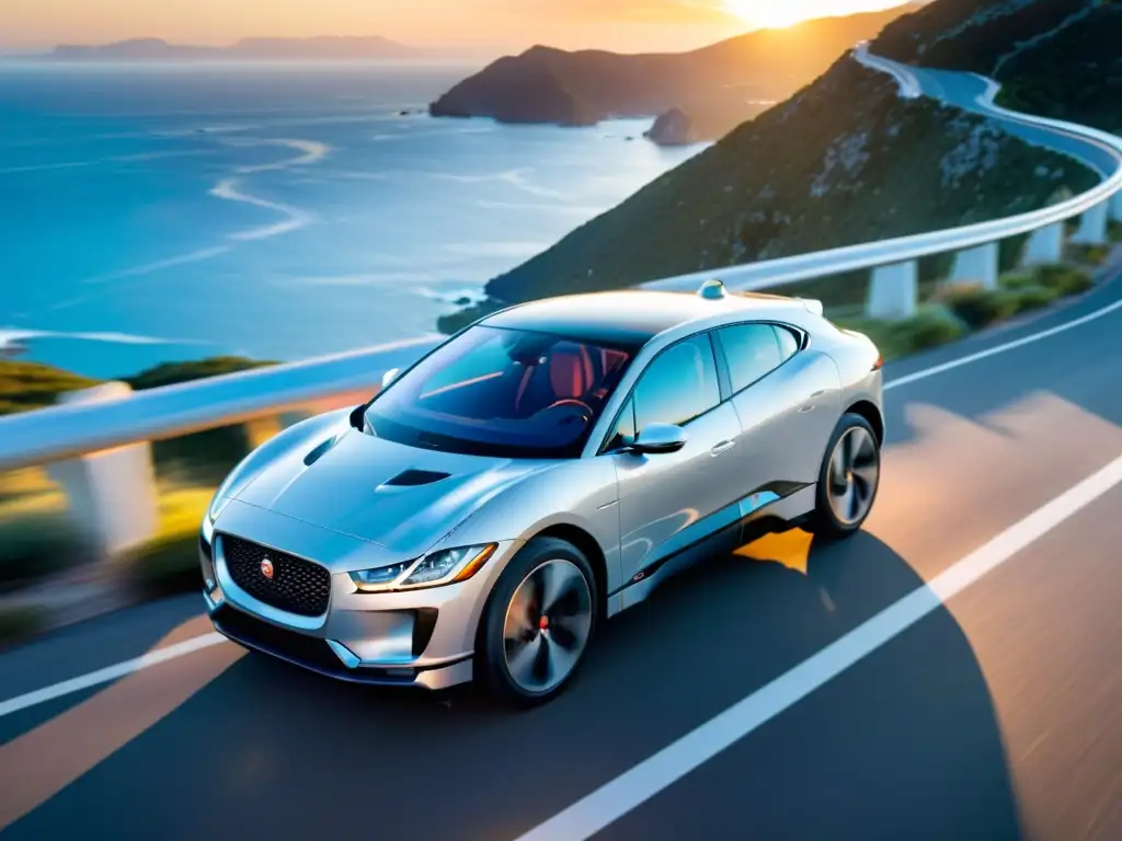 Elegante Jaguar IPACE plateado recorre suavemente una carretera costera al atardecer, proyectando una cálida luz naranja