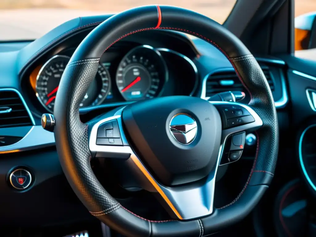 Un elegante protector de volante de cuero negro con costuras detalladas y logo sutil