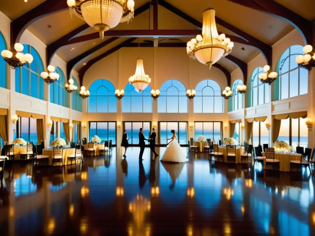 Elegante salón de baile del Hotel del Coronado, con techos altos, arañas de luces y una vista al mar