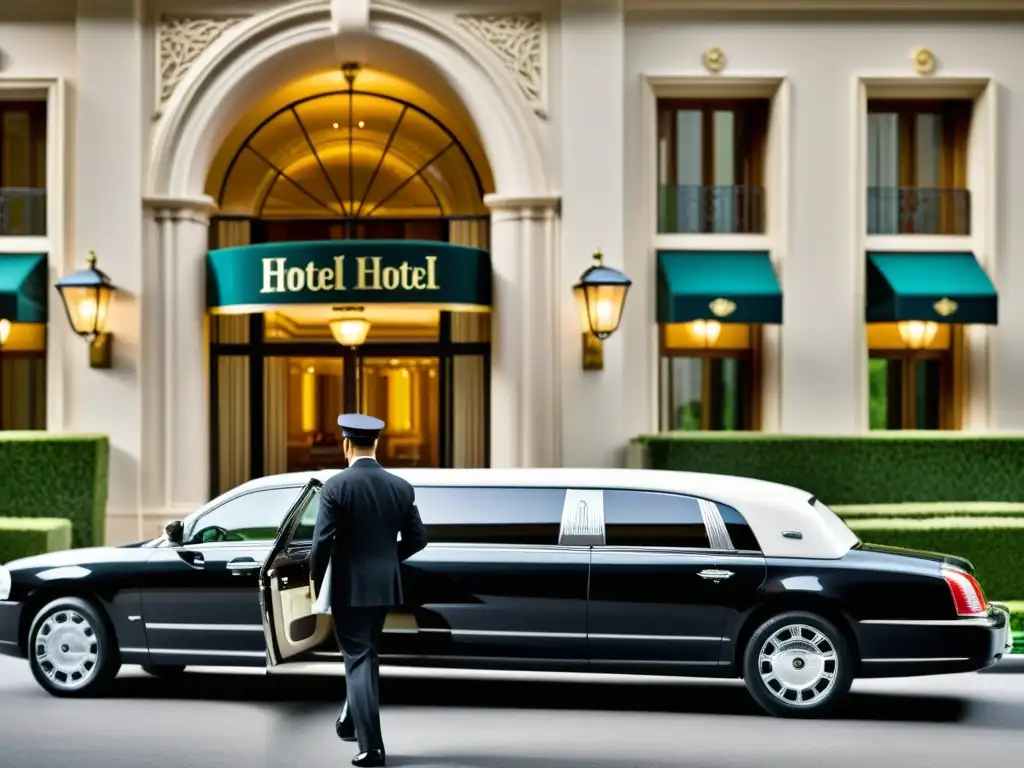 Un elegante servicio de transporte de lujo frente a un lujoso hotel, evocando opulencia y hospitalidad exclusiva