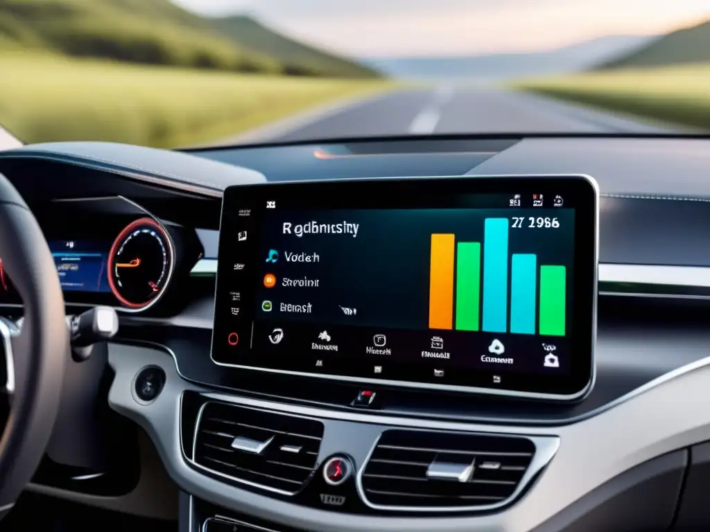 Un elegante sistema de infotainment automotriz en un coche moderno, con una pantalla táctil de alta resolución y opciones vibrantes y dinámicas, como navegación, streaming de música y comandos de voz