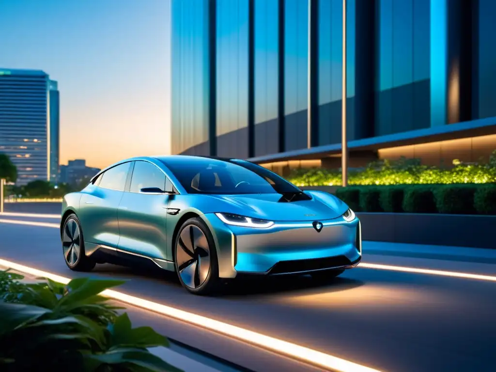 Un elegante vehículo eléctrico se carga inalámbricamente en un entorno urbano futurista