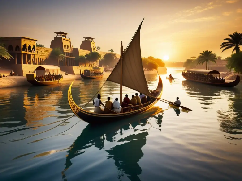 Barco de comercio en el Nilo al atardecer, escena antigua Embarcación comercial egipcia en el Nilo al atardecer, reflejando la conquista de los mares en la historia
