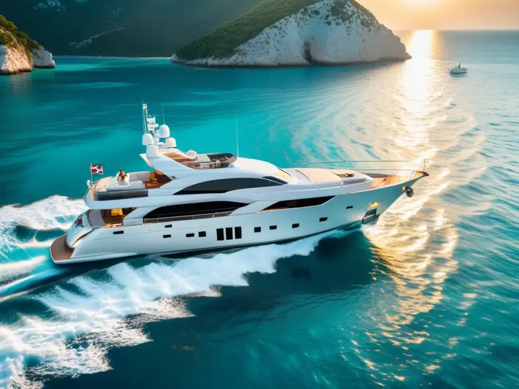 Embarcación de lujo navegando en aguas turquesas al atardecer, reflejando opulencia y exclusividad en alquiler de embarcaciones de lujo