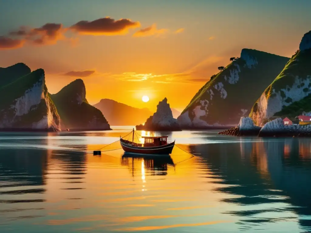 Embarcación pesquera tradicional navegando en aguas tranquilas al atardecer, destacando la armonía entre la actividad humana y el entorno natural