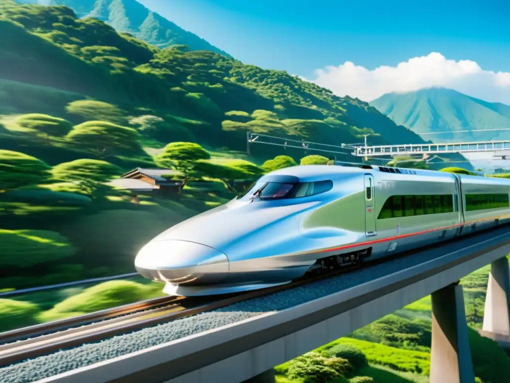 El emblemático Shinkansen surca paisajes japoneses, reflejando la eficiencia y comodidad de los viajes en tren emblemáticos