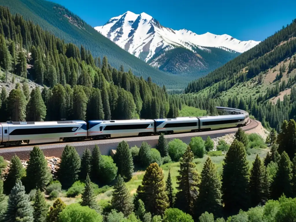 El emblemático tren California Zephyr serpentea entre las majestuosas Montañas Rocosas, fusionando modernidad y naturaleza en un viaje inolvidable