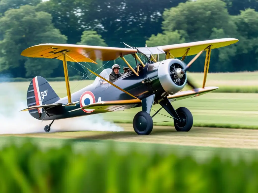 Un emocionante despegue de un biplano vintage en un campo, capturando la esencia de la aventura y la evolución de la historia de la aviación