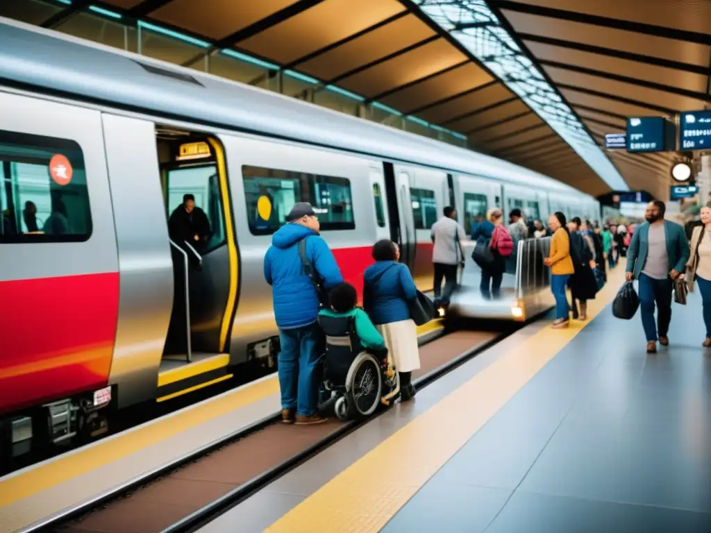 Un emocionante escenario de estación de tren con pasajeros diversos, promoviendo la accesibilidad universal en medios de transporte