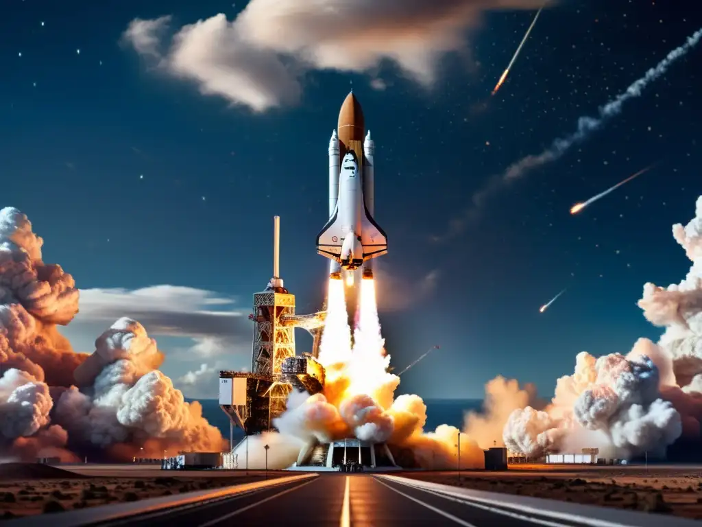Nave espacial futurista despegando con fuerza Emocionante lanzamiento de nave espacial futurista en medio de nubes de humo y fuego, en un cielo estrellado