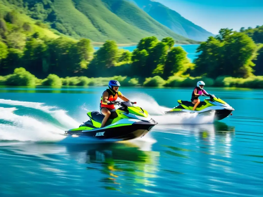 Un emocionante paseo en motos acuáticas eléctricas en un lago cristalino y soleado, transmitiendo una sensación de innovación y diversión