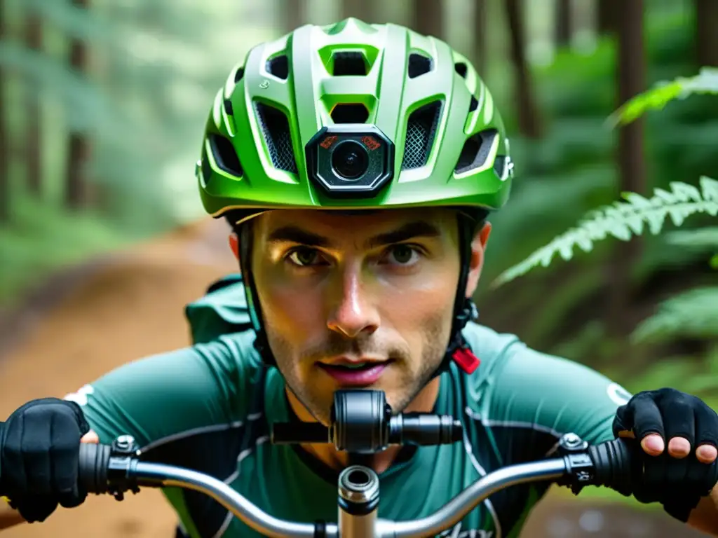 Emocionante primer plano de un ciclista en un sendero rocoso y boscoso, capturado por una resistente cámara de acción montada en el casco