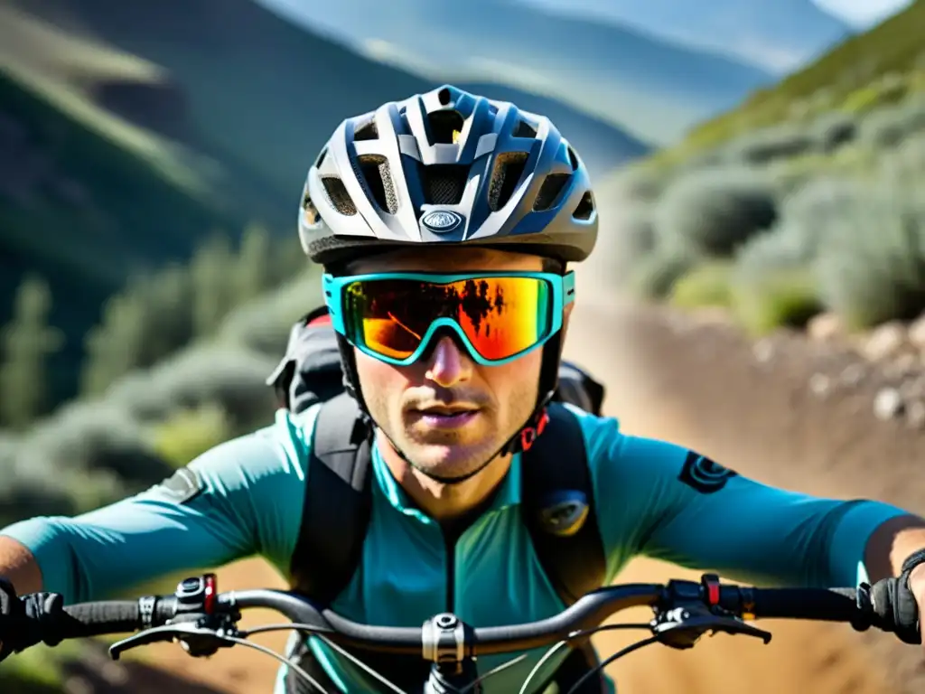 Emocionante vista en primera persona de un ciclista de montaña en plena acción, capturada por una resistente cámara de acción