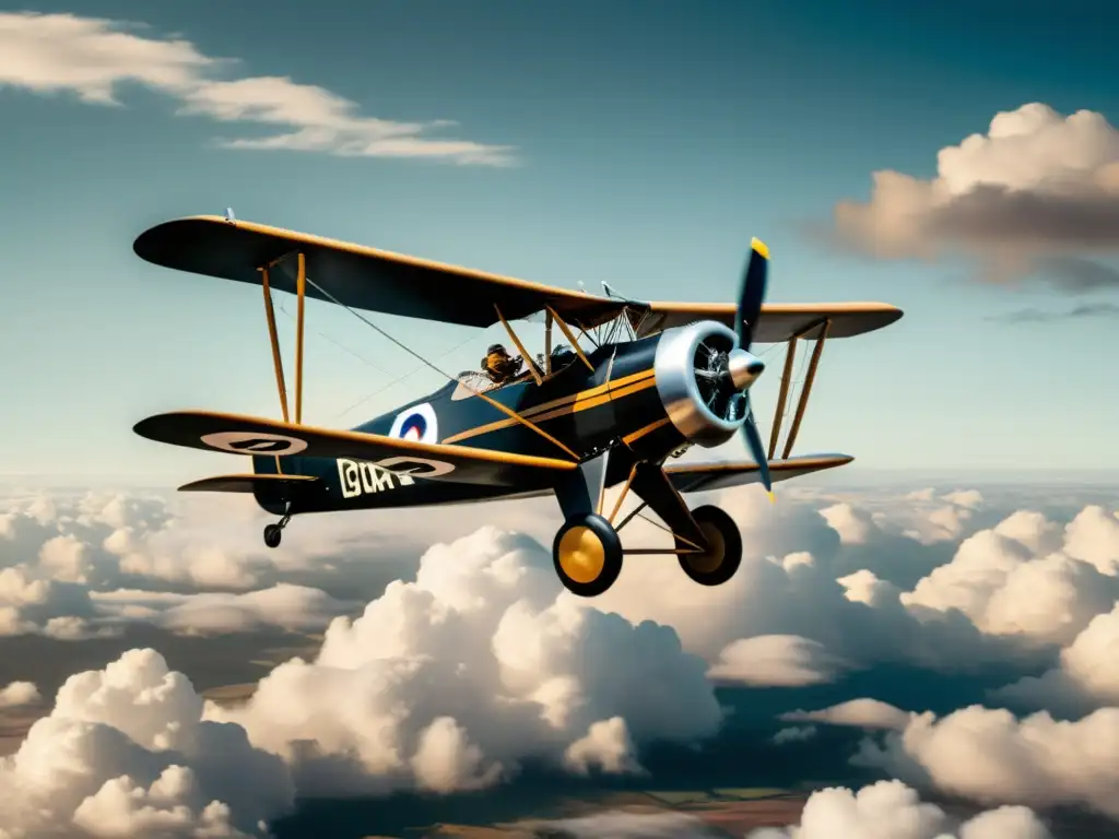 Emotiva imagen en blanco y negro de un biplano vintage surcando el cielo, evocando la evolución de la aviación en el cine