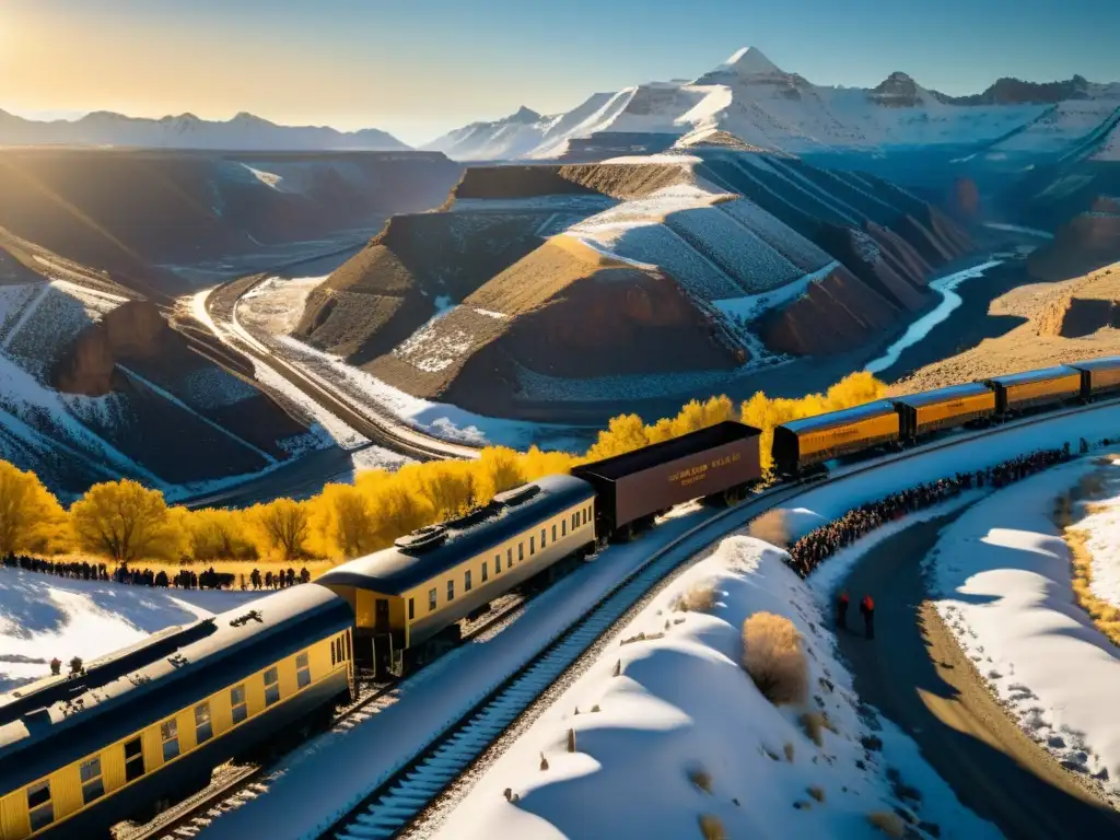 Emotiva imagen del desarrollo histórico del Ferrocarril Transcontinental en la épica construcción de las vías a través del Oeste americano