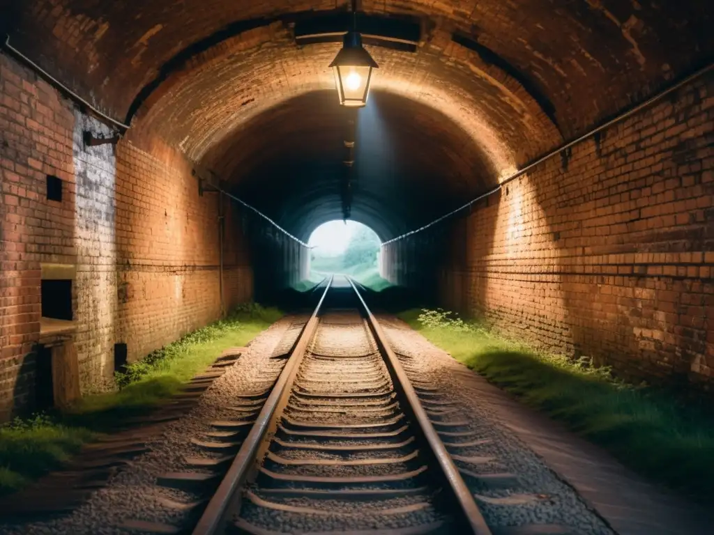 Emotiva imagen del ferrocarril subterráneo evocando historia y determinación en un túnel oscuro y misterioso