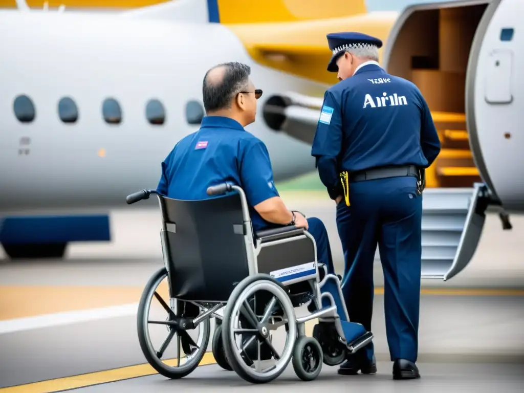 Empleado de aerolínea ayuda a pasajero en silla de ruedas a abordar avión con rampa accesible