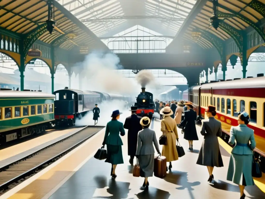 Empoderamiento y autonomía: mujeres elegantes en estación de tren del siglo XX, reflejando la historia del transporte