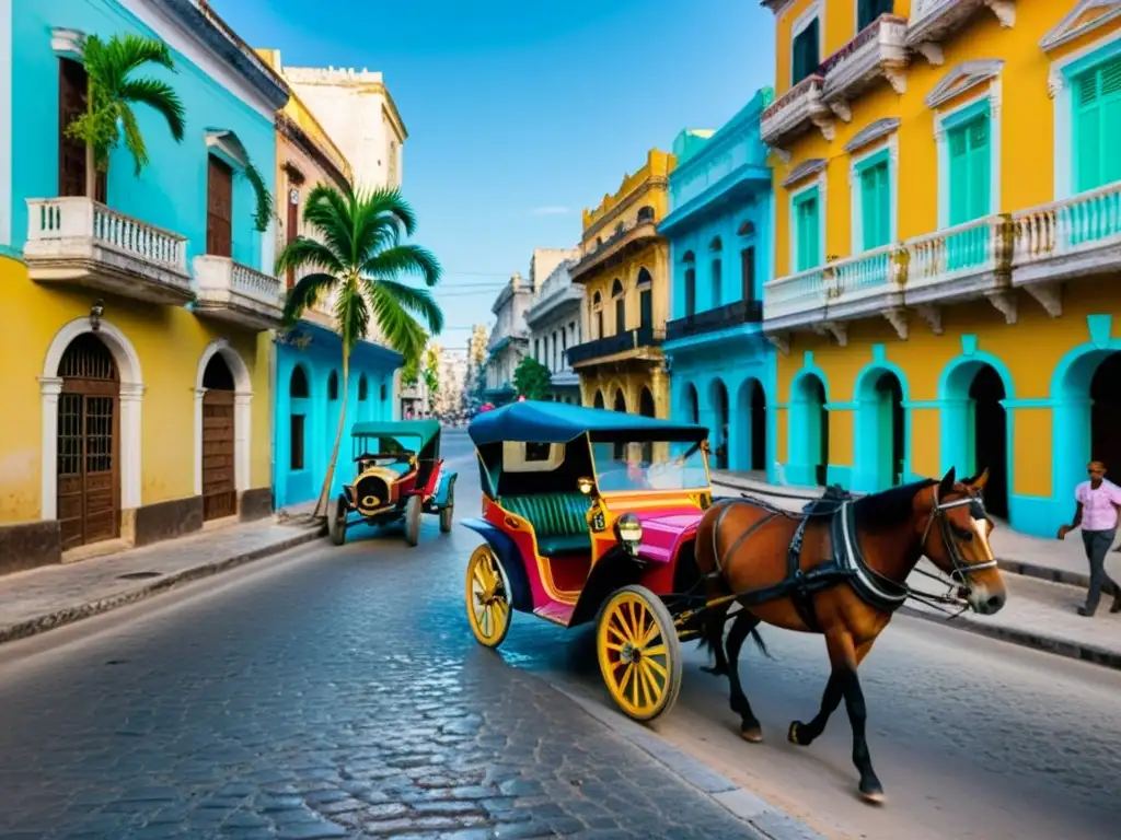 Un encantador carruaje histórico recorre coloridas calles empedradas de La Habana, creando una atmósfera nostálgica