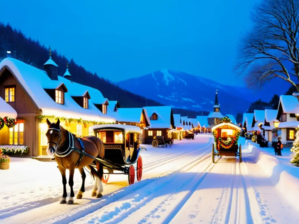 Un encantador pueblo nevado con calles empedradas y transportes tradicionales en Navidad bajo la cálida luz de farolas y montañas nevadas al fondo