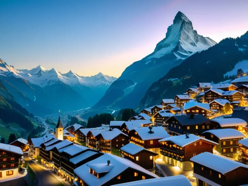 Encantador pueblo de Zermatt con vehículos eléctricos y vistas a los Alpes suizos al atardecer