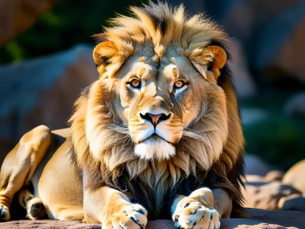 Encuentros con la fauna en safari: retrato impresionante de un león macho majestuoso descansando en una roca, su melena dorada brillando al sol