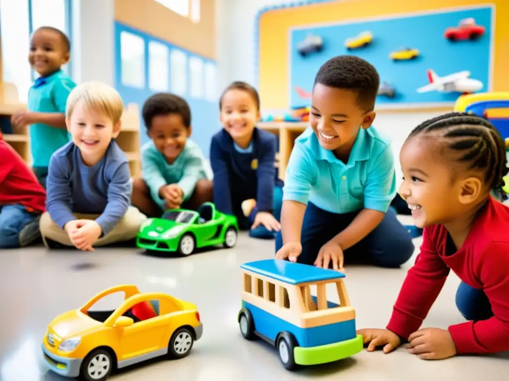 Enérgica clase de primaria jugando con vehículos de transporte, creando un ambiente educativo interactivo