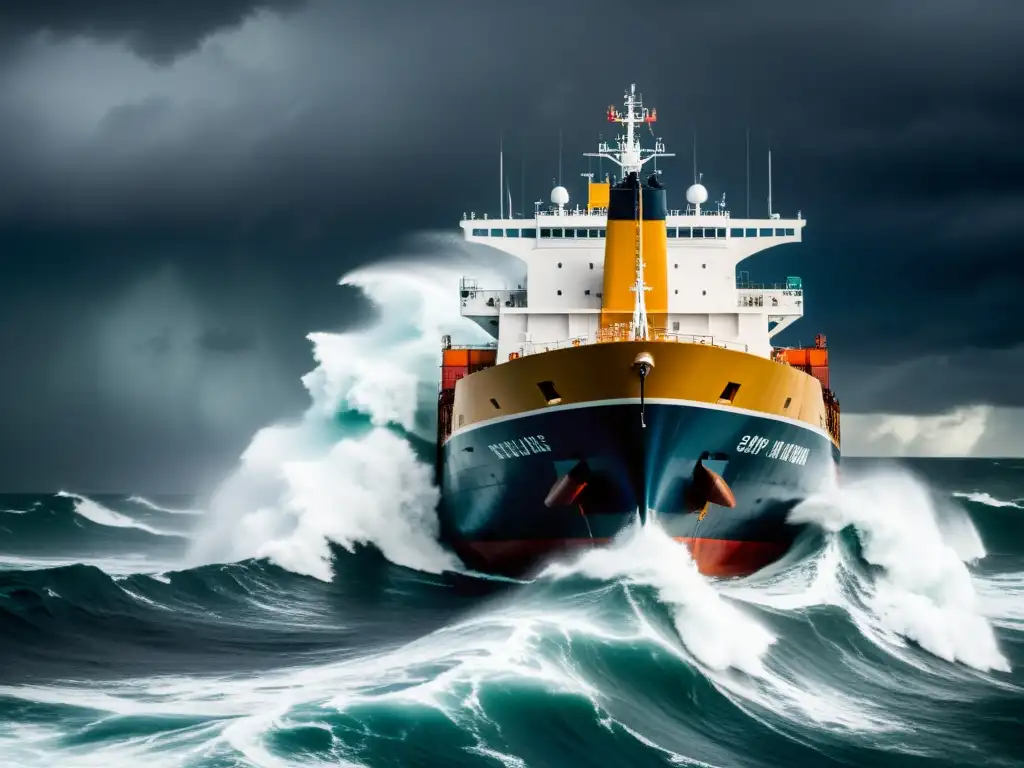 Un enorme barco de carga navega en medio de mares tormentosos, con olas gigantes golpeando el casco y nubes oscuras amenazadoras