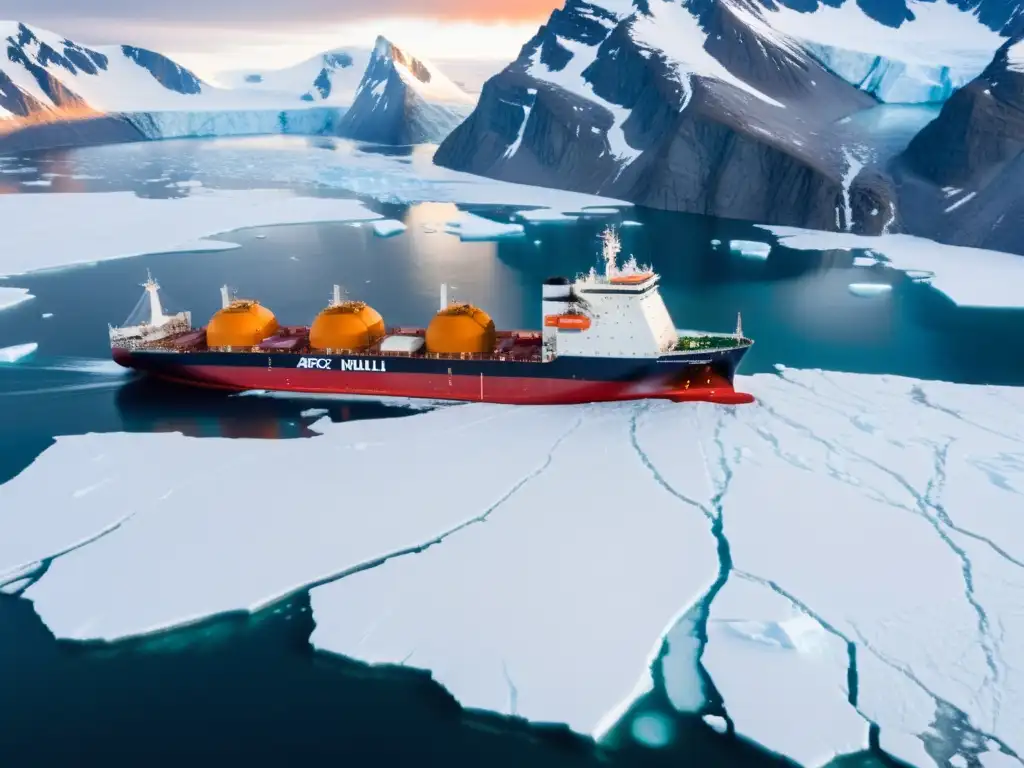 Enorme barco rojo navega entre glaciares y montañas nevadas en el Ártico, con equipo de investigación a bordo