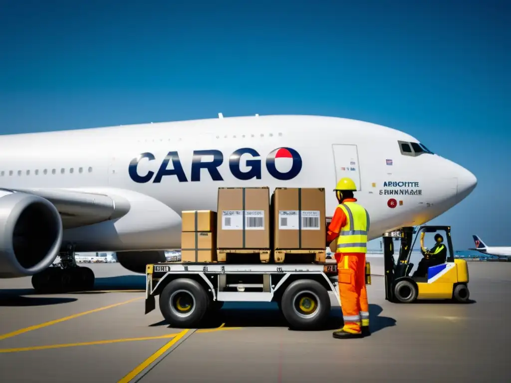 Manejo seguro de carga peligrosa en avión Envío de mercancías peligrosas por transporte aéreo: Trabajadores cargando avión con precaución en aeropuerto