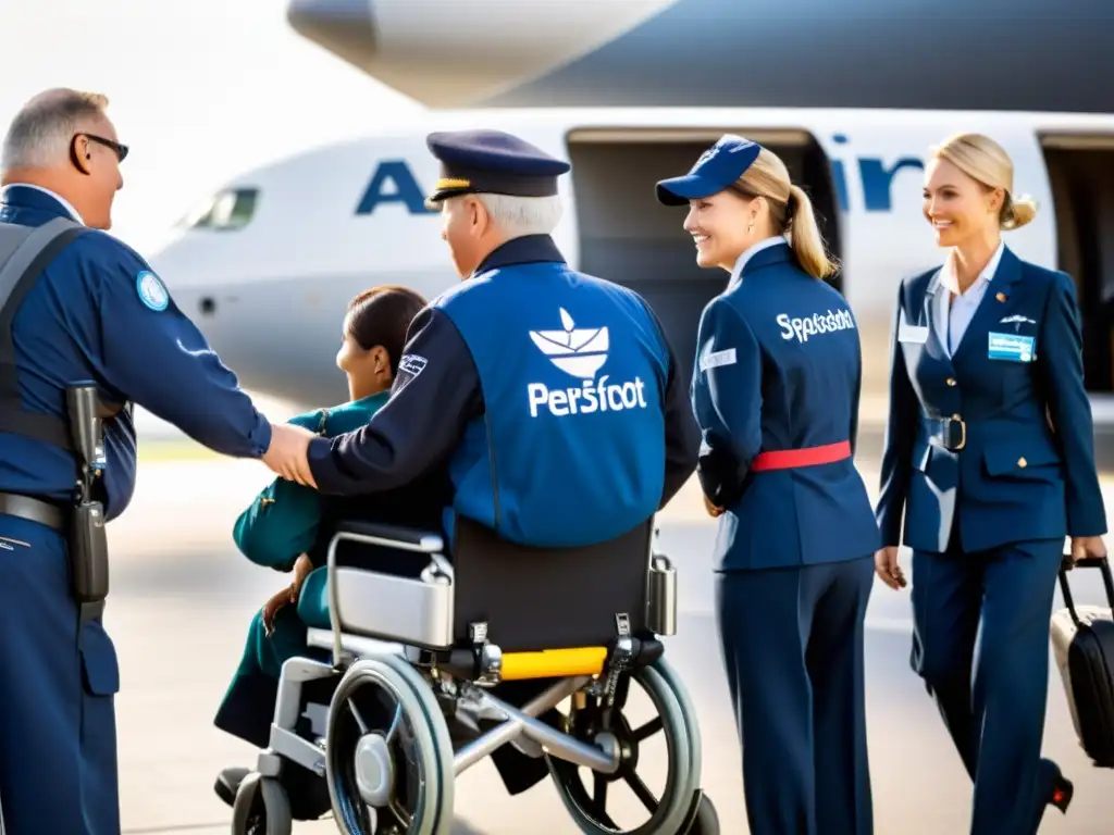 Equipo de aerolínea asistiendo a pasajero con discapacidad en aeropuerto