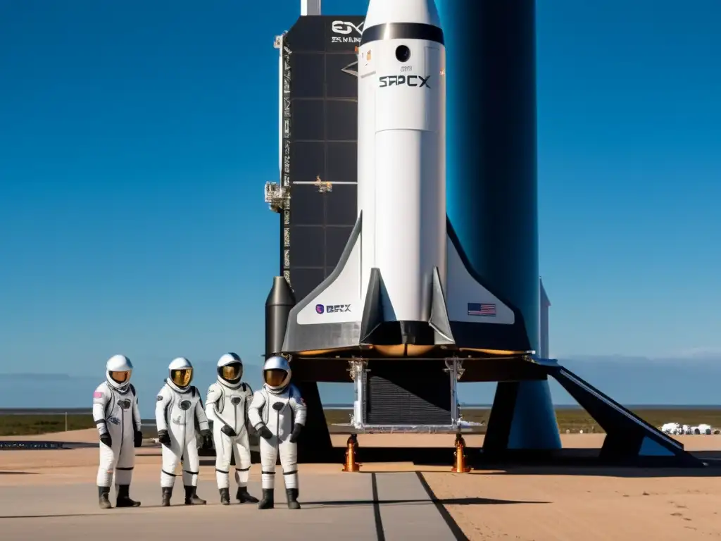 Equipo de astronautas y técnicos realiza controles previos al lanzamiento de la Starship de SpaceX, destacando su diseño futurista