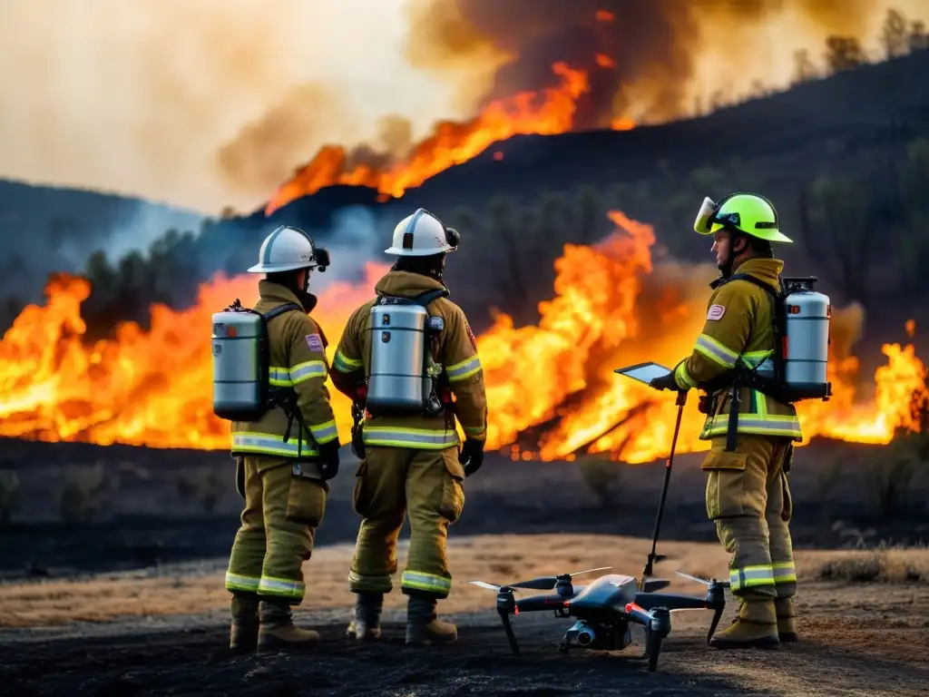 Equipo de bomberos monitorea incendio forestal con drones Un equipo de bomberos usa drones con cámaras térmicas para combatir incendios forestales, monitoreando el fuego en tiempo real