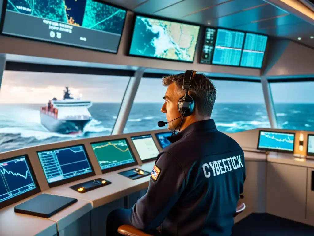 Equipo de tripulación a bordo de un barco de carga luchando contra un ciberataque en sus sistemas de navegación