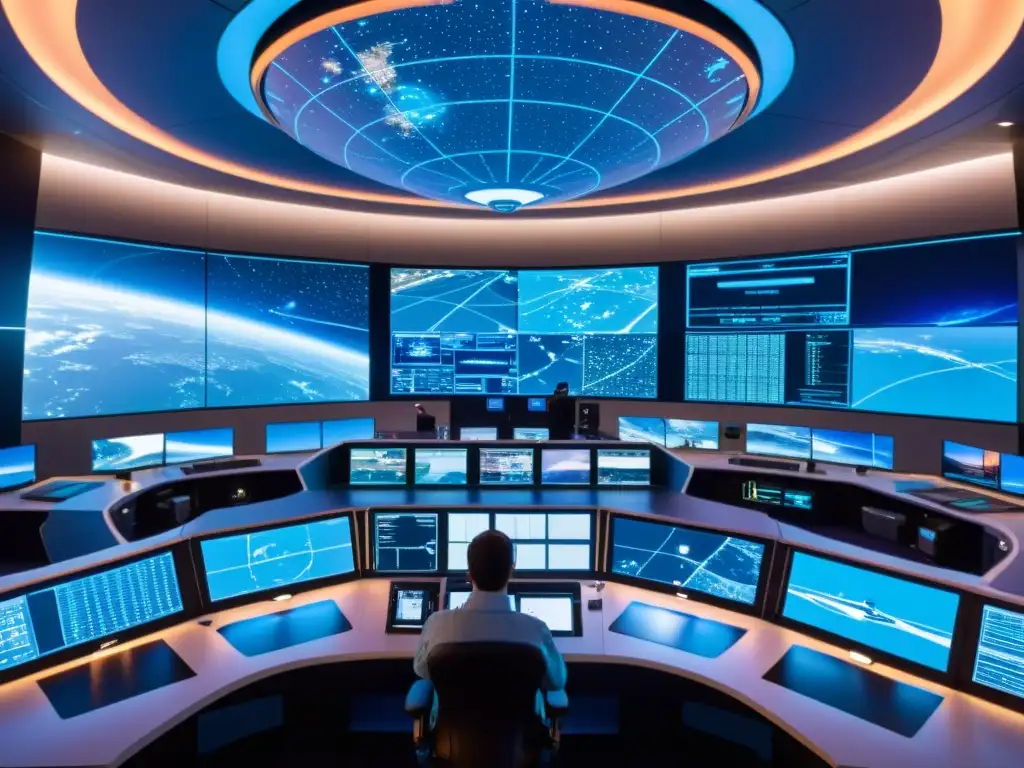 Equipo en centro de control de tráfico espacial con soluciones innovadoras y determinación, monitorean rutas de naves en sala futurista