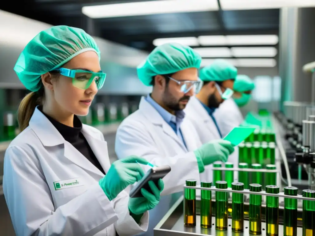 Equipo de científicos e ingenieros en laboratorio de biocombustibles, impulsando el desarrollo de biocombustibles en transporte