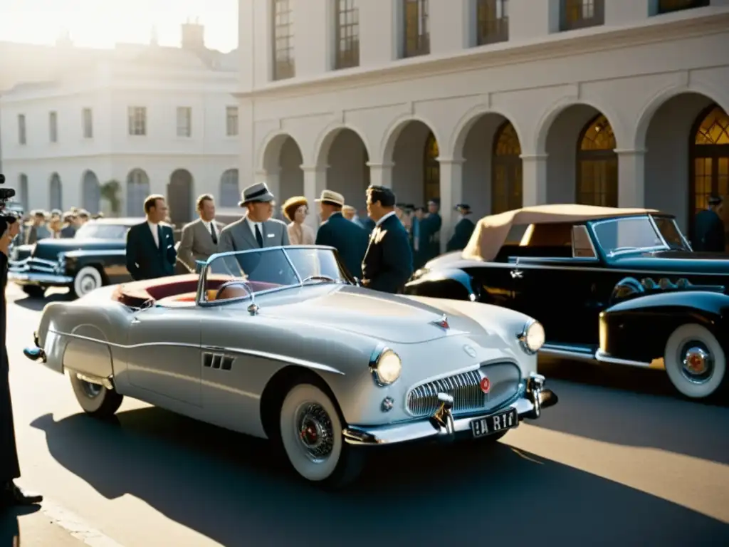 Un equipo de cine de los años 50 rodea un elegante coche clásico en un set de película con la icónica señal de Hollywood de fondo