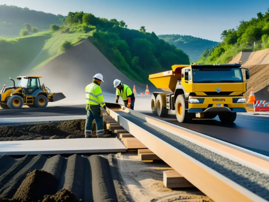 Un equipo de construcción trabajando en una carretera con materiales ecológicos, protegiendo el ecosistema